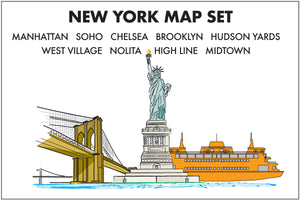 Illustrations of famous NYC landmarks, Statue of Liberty, Brooklyn Bridge and Staten Island Ferry.