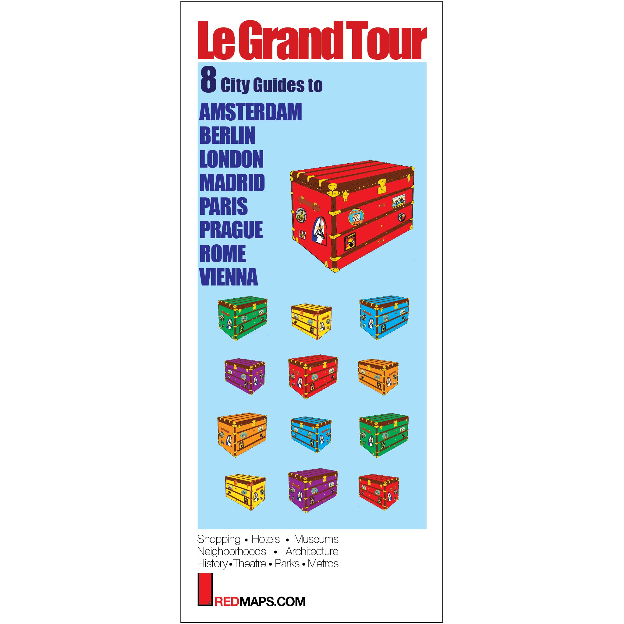 Multi-city map set called Grand Tour with 8 guides to Madrid, Paris, London, Rome, Vienna Berlin, Prague and Amsterdam.
