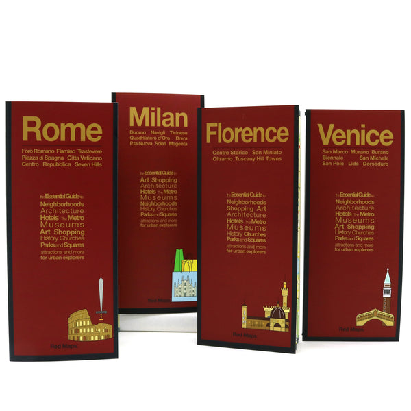 Foldout travel street maps to the Italian cities of Rome, Florence, Venice and Milan.
