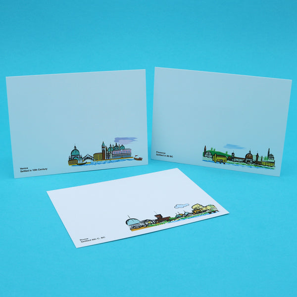 Notecards with illustrations of Venice, Rome and Florence.