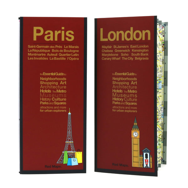 Two foldout city street maps to Paris and London with popular attractions.