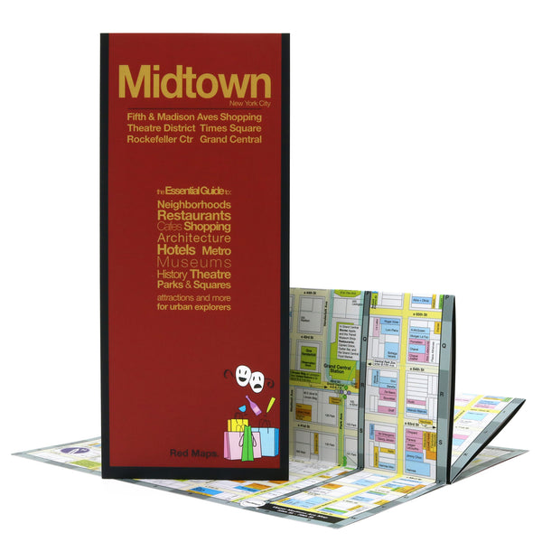 Foldout Midtown Manhattan map for shopping, theatre and culture..