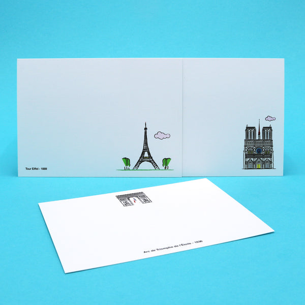 Paris writing cards with illustrations of famous landmarks such as Notre Dame Cathedral, Eiffel Tower and Arc de Triomphe.