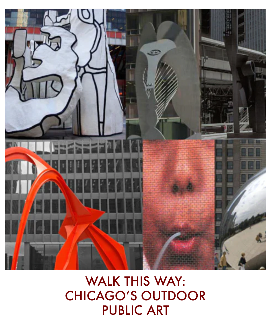 Images of famous outdoor sculptures in Chicago's Loop district.