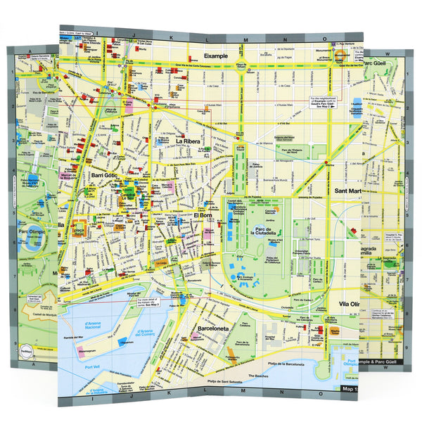Foldout map of Barcelona city center showing popular attractions.