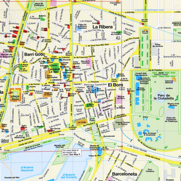 Barcelona city center maps with popular tourist attractions.