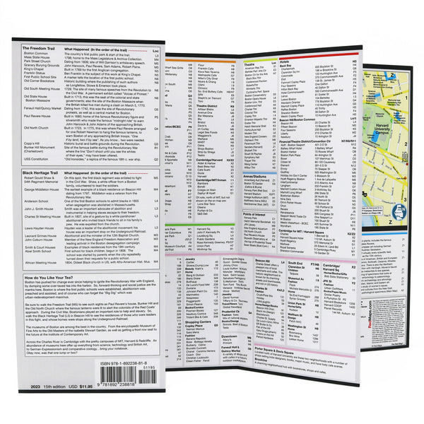 Map of Boston with lists of popular tourist attractions.