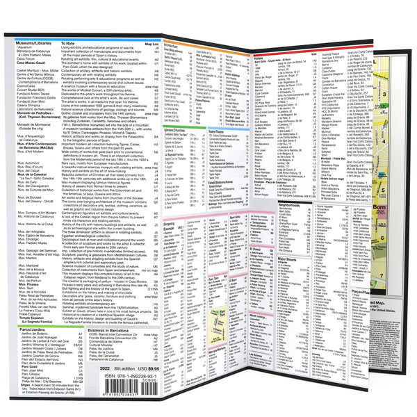Foldout map of Barcelona with popular attractions information.