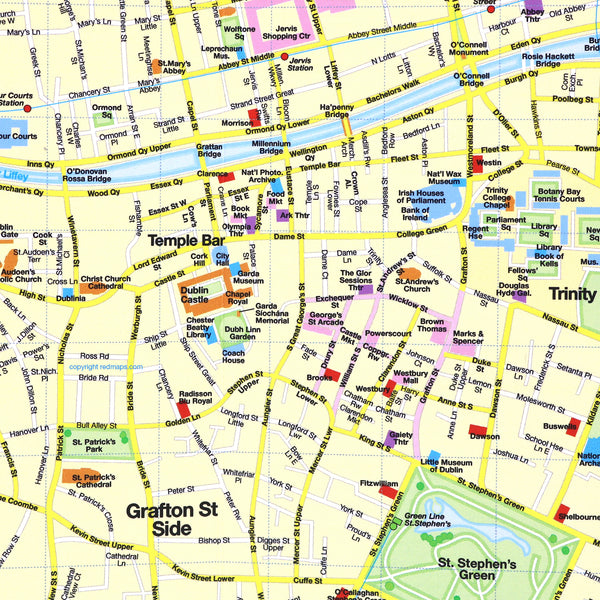 Map of central Dublin showing Temple Bar area popular attractions.