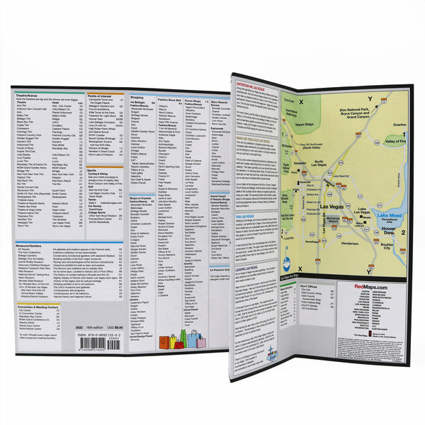 Las Vegas map with lists of popular attractions, shops and restaurants.