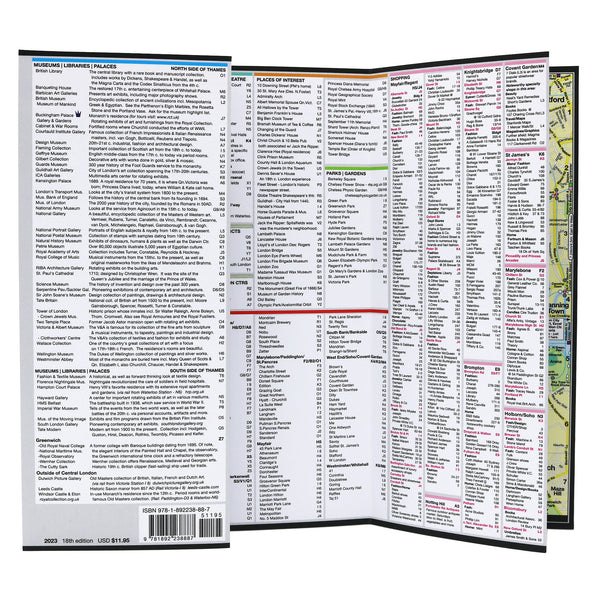 Foldout map of central London with lists of popular attractions.