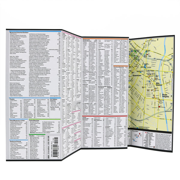 Los Angeles map with lists of popular attractions, restaurants and shopping.