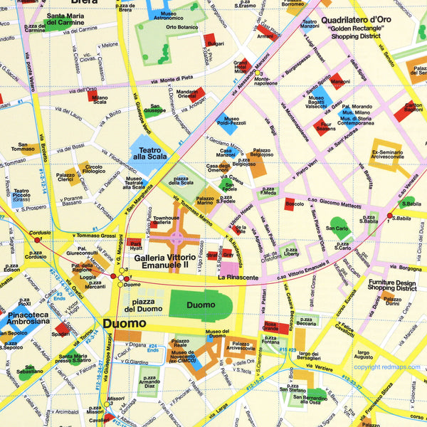 Map of central milan with popular attractions near Duomo.
