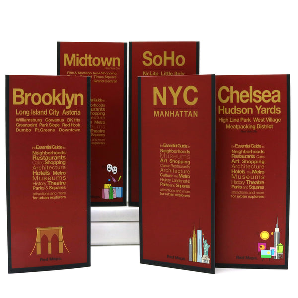 Set of five foldout street maps to NYC neighborhoods with popular attractions.