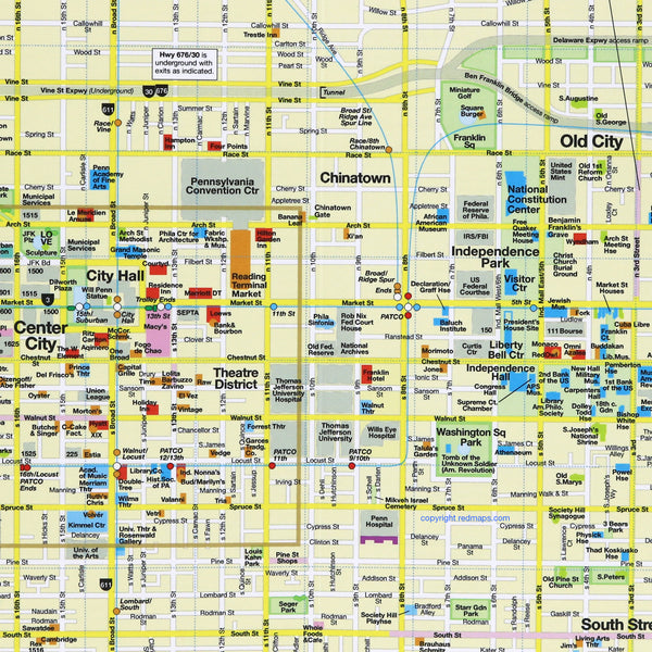 Philadelphia map showing popular tourist attractions in the city center.