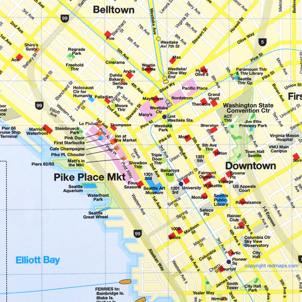 Seattle city center street map with popular attractions.