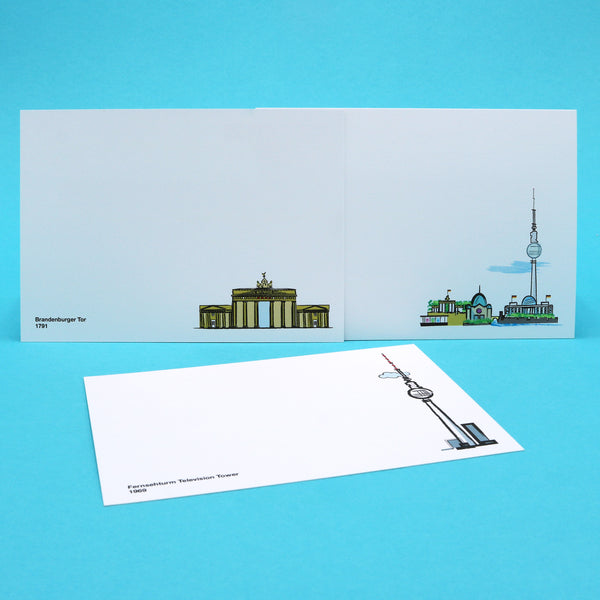 Writing cards with illustrations of famous Berlin landmarks including Brandenburg Gate, the Fernsehturm TV Tower and Berlin Skyline.