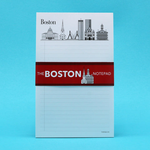Boston writing pad with illustrations of the city's skyline and historic landmarks.