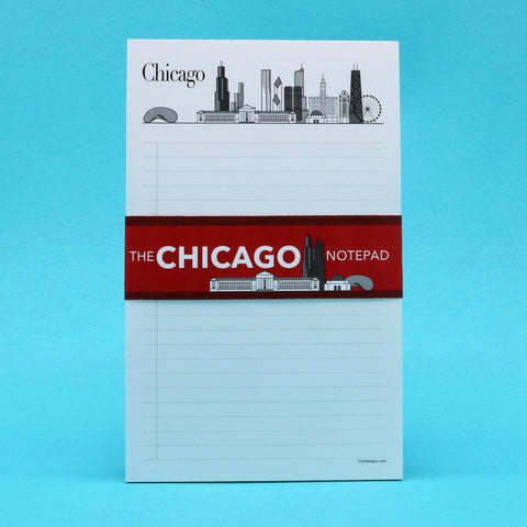 Chicago themed writing pad with illustrations of the city's skyline and historic landmarks.