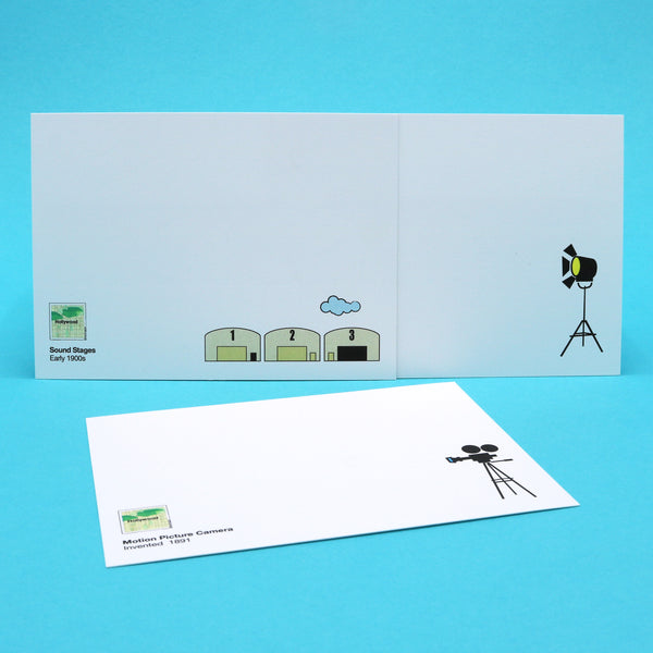 Notecards with illustrations of iconic Hollywood movie making equipment such as cameras and lights.