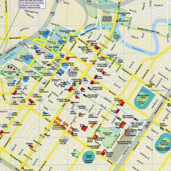 Houston foldout map showing downtown attractions and restaurants.s