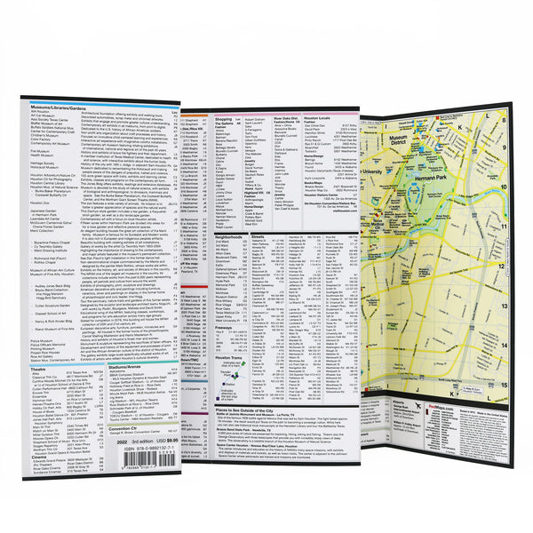 Foldout map of Houston with detailed lists of popular attractions.