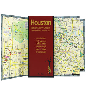 Foldout map of Houston, Texas with popular attractions and streets.