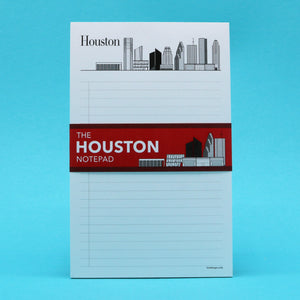 Houston themed writing pad with illustrations of the city's skyline and historic landmarks.