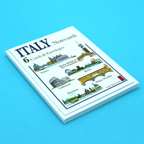 Set of writing cards with illustrations of famous Italian landmarks and historic cities.