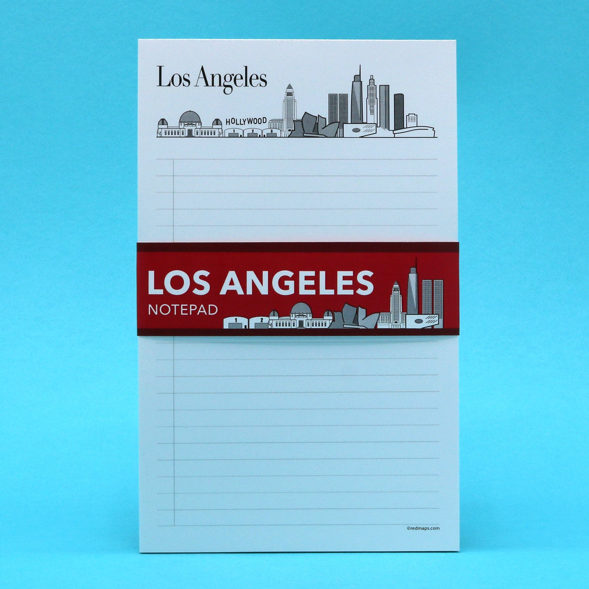Los Angeles themed writing pad with illustrations of the city's skyline and historic landmarks.