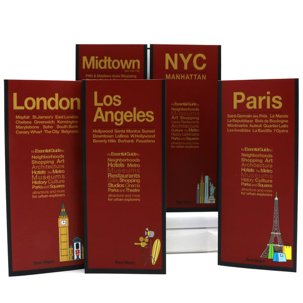Folding shopping maps for cities famous for fashion London, Paris, NYC and Milan.