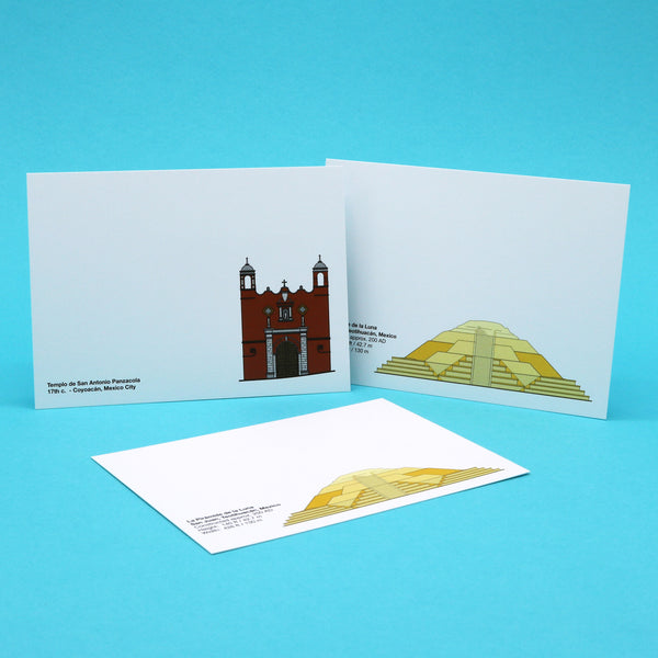 Writing cards with illustrations of Mexico City's Pyramid of the Moon and Temple of Sant Antonio Panzacola.