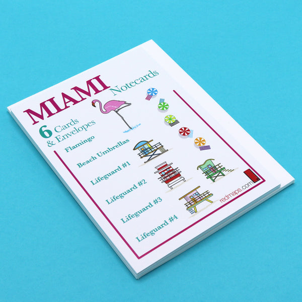 Miami beach-themed writing cards with illustrations of lifeguard stations, beach umbrellas and a Flamingo..