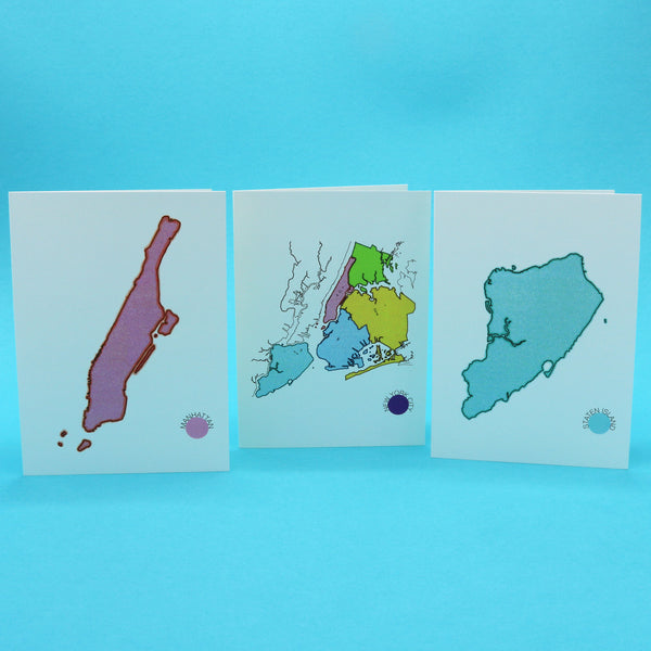 Notecards with colorful illustrations of NYC's famous boroughs, Manhattan, Staten Island and the whole city.