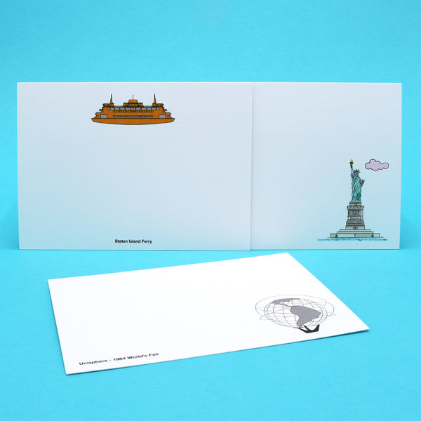 NYC writing cards with illustrations of famous landmarks like Statue of Liberty, Staten Island Ferry and the Unisphere.