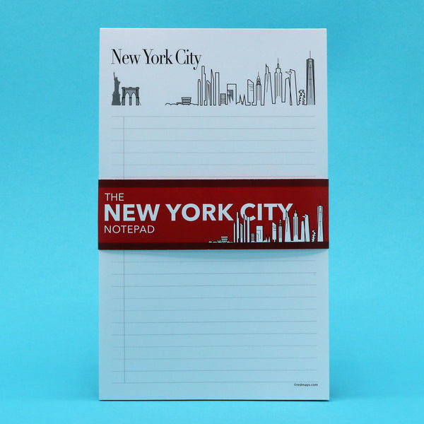 NYC themed writing pad with illustrations of the city's skyline and historic landmarks.