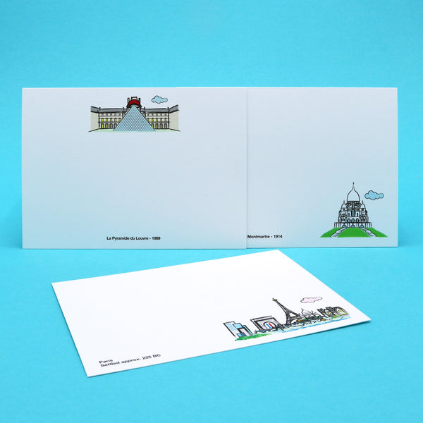 Paris writing cards with illustrations of famous landmarks such as the Louvre Museum and Sacre Coeur Church.
