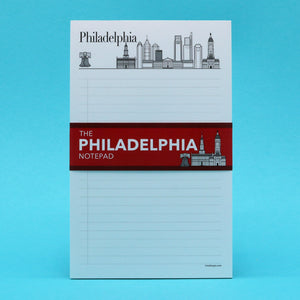 Philadelphia themed writing pad with illustrations of the city's skyline and historic landmarks.