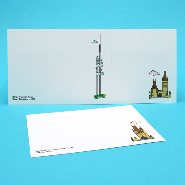 Writing cards with illustrations of Prague's Charles Bridge Towers and the landmark Zizkov TV Tower.