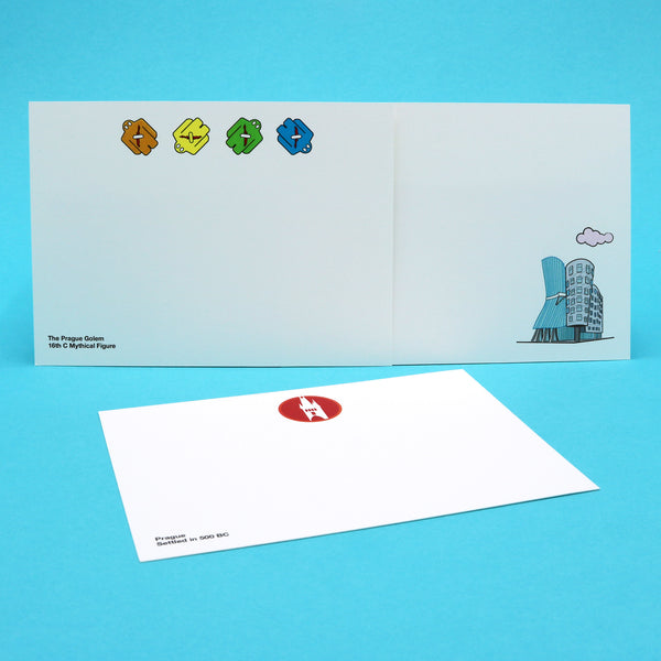 Notecards with illustrations of Prague's Dancing House landmark and the Prague Golem character.