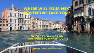 Venetian canal with historic buildings and a boat, featuring promotional text for savings on purchases.