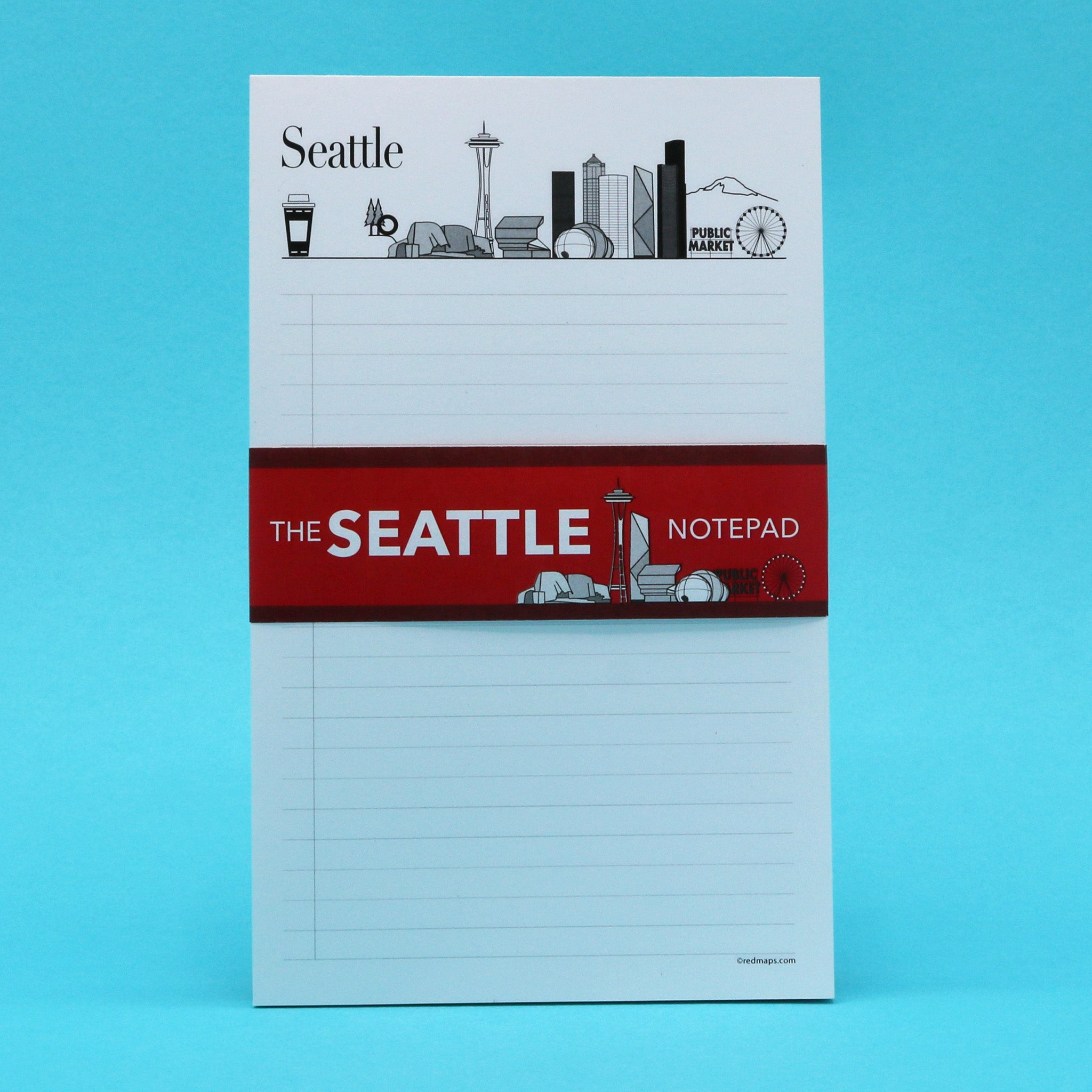 Seattle themed writing pad with illustrations of the city's skyline and historic landmarks.