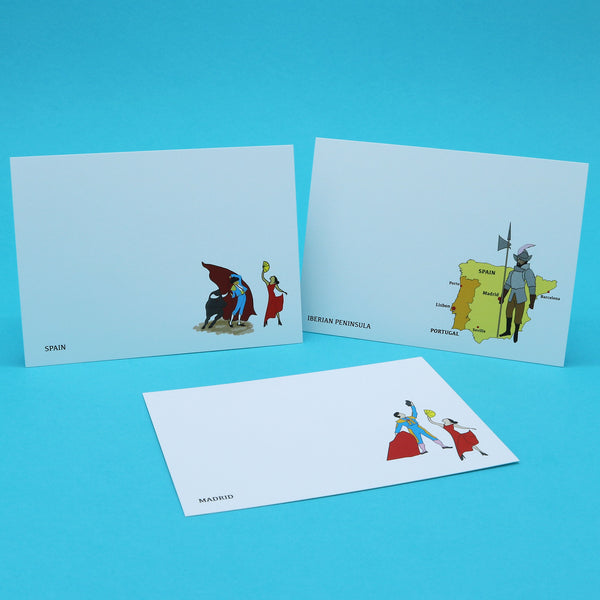 Stationery writing cards with illustrations  of iconic Spain characters such as Flamenco Dancers, Matadors and Conquistadors.