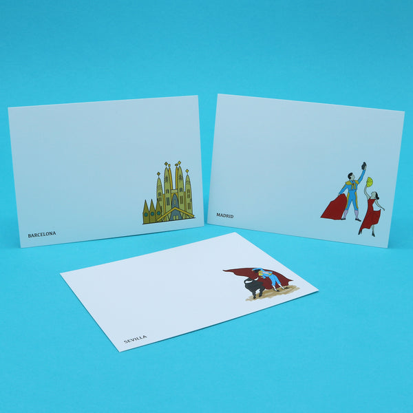 Colorful notecards with illustrations of Spanish Flamenco Dancers, Matadors and Conquistadors.