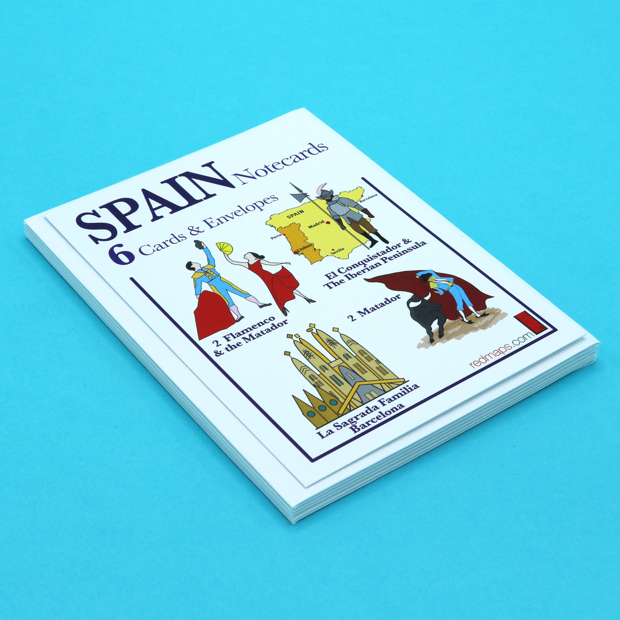 Set of notecards with illustrations of Spanish Flamenco Dancers, Matadors and Conquistadors.