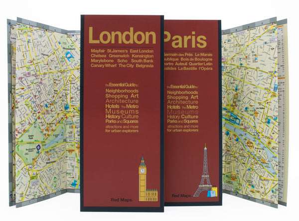 Two foldout city maps with red covers to Paris and London