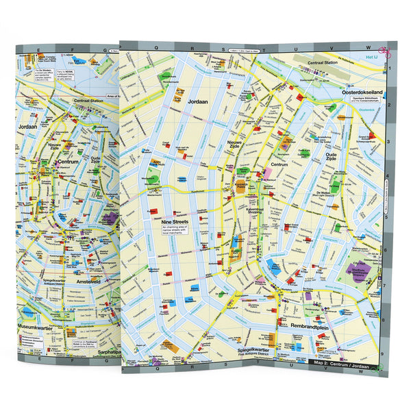 Foldout map of Amsterdam showing the Jordaan, Museumkwartier, Zeeburg, Amstelveld and Centrum neighborhoods.
