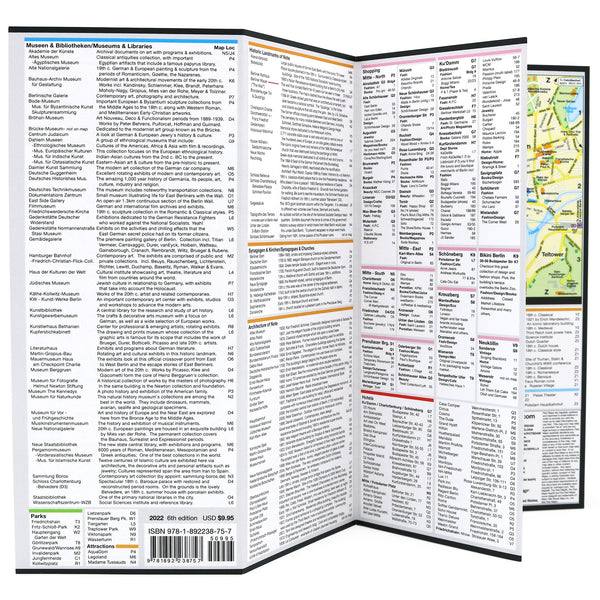 Foldout map of Berlin with lists of popular attractions with descriptions.