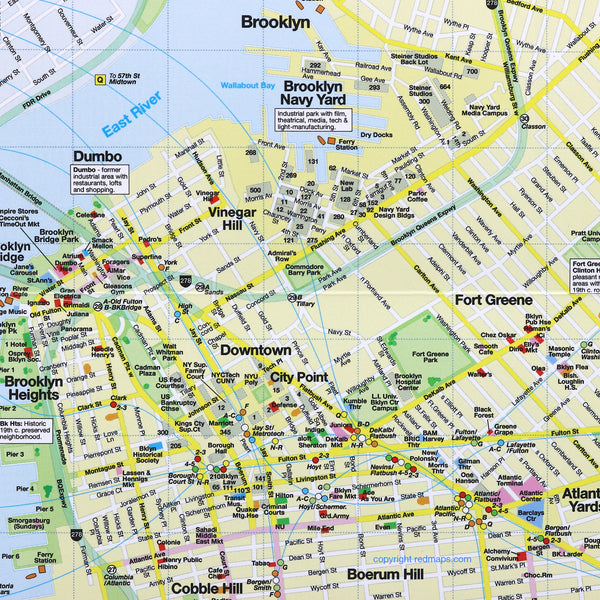 Brooklyn map with neighborhoods, streets and popular attractions.