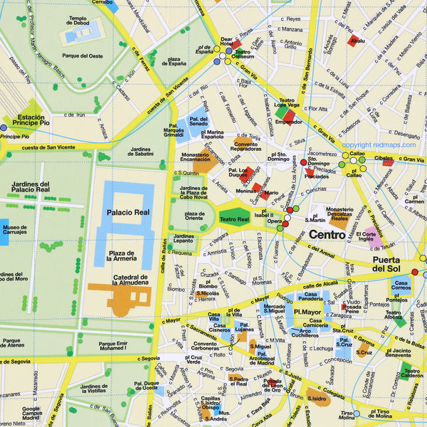 Map showing central Madrid popular tourist attractions.